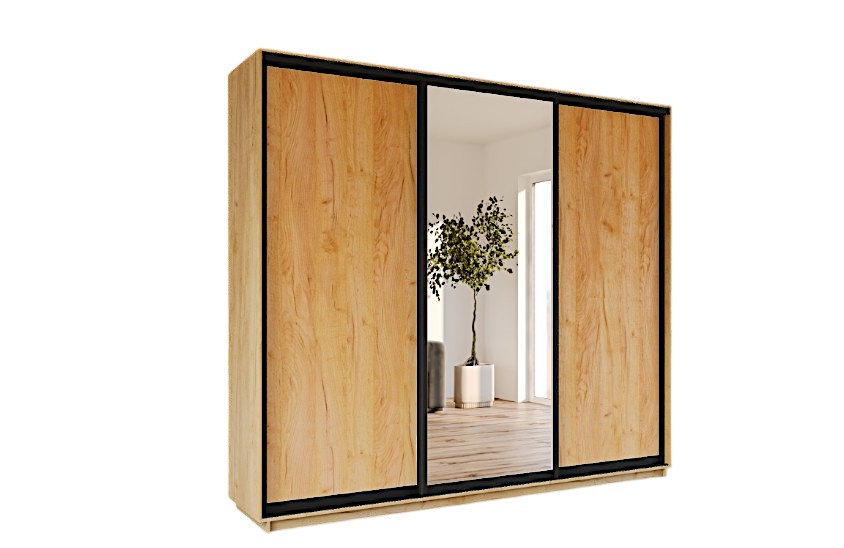 skapis_gold_craft_oak-Photoroom Skapis ar 3 bīdāmām durvīm 200/220/60 cm "gold craft oak'' ar spoguli un atvilktnēm, prof.Bavaria - Image 1