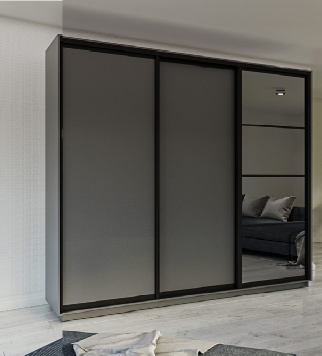 grafit Skapis ar 3 bīdāmām durvīm un spoguli 250/240/60 cm, "grafīts+melns mat."+2 atvilktnes - Image 1
