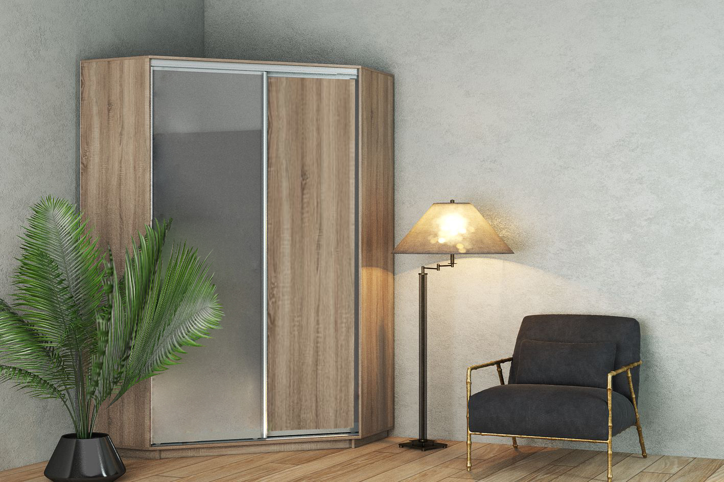 Stūra skapis ar 2 bīdāmām durvīm un spoguli 120x120/240 cm "sonoma"
