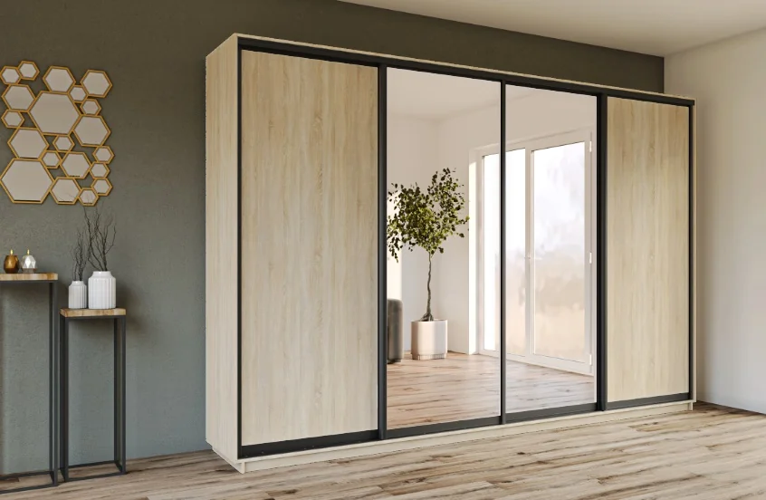 Skapis ar 4 bīdāmām durvīm un spoguli 280/240/60 cm,"sonoma+modena"+2 atvilktnes - Image 1