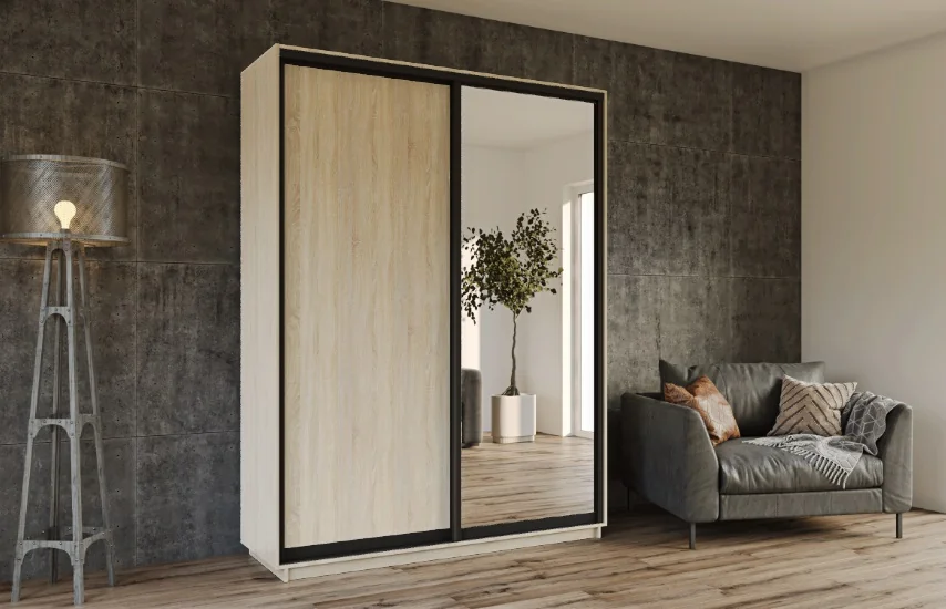 Skapis ar 2 bīdāmām durvīm un spoguli 150/240/60 cm "sonoma+modena"+2 atvilktnes - Image 1